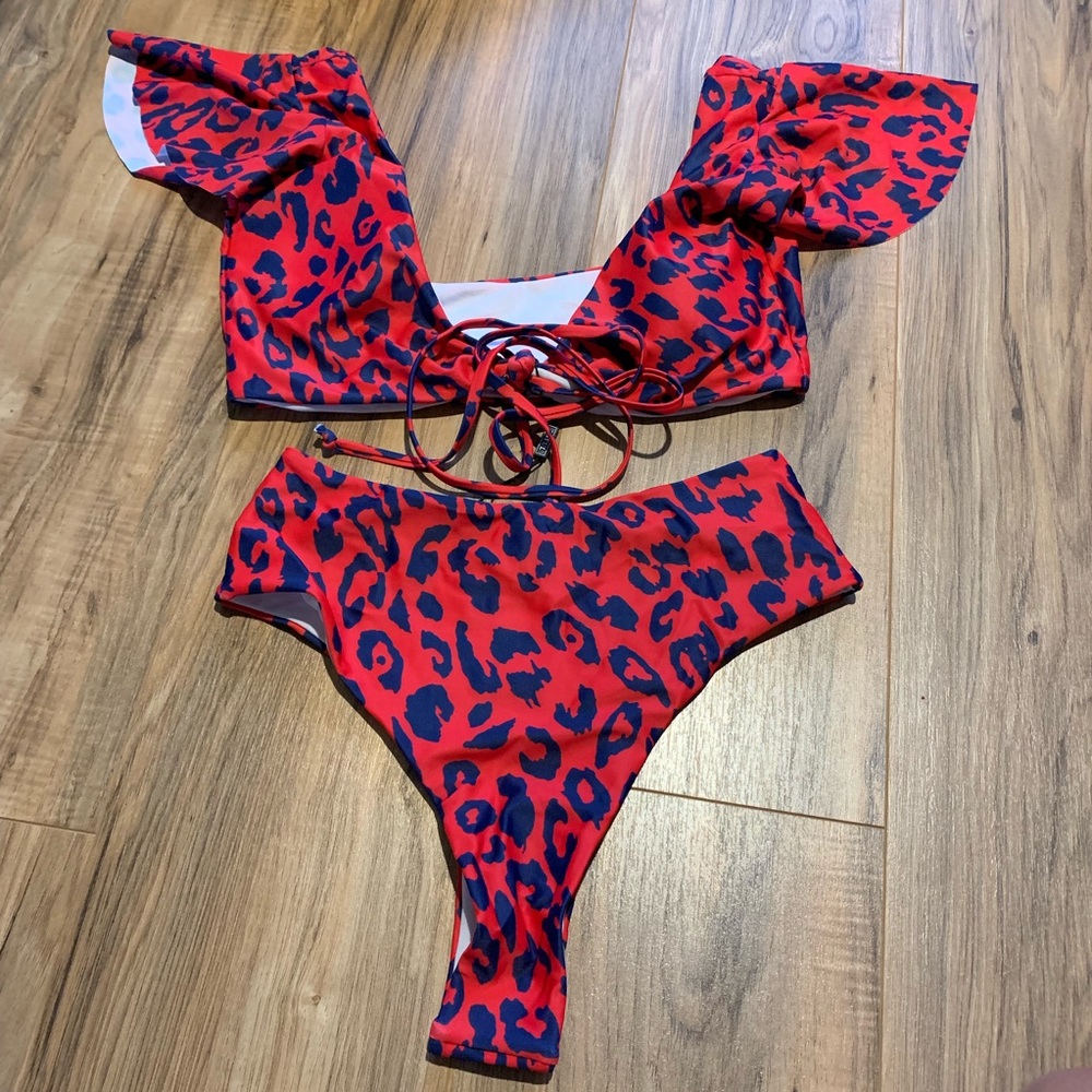 Red Leopard High Waisted Bikini